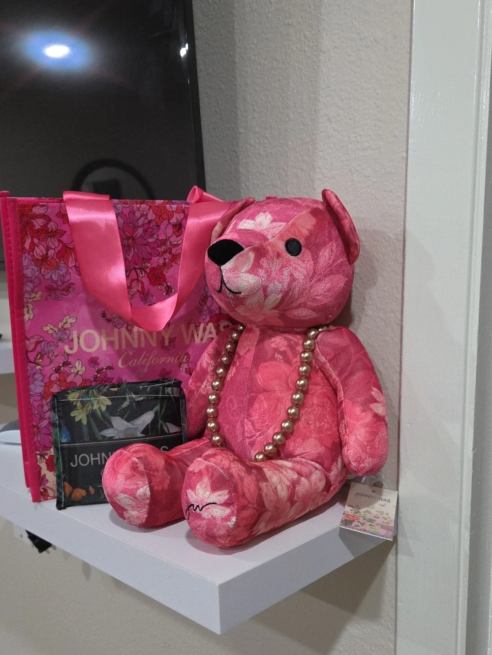 Johnny Was Floral Pink Decorative Teddy Bear With Matching tote and Fold Up Tote